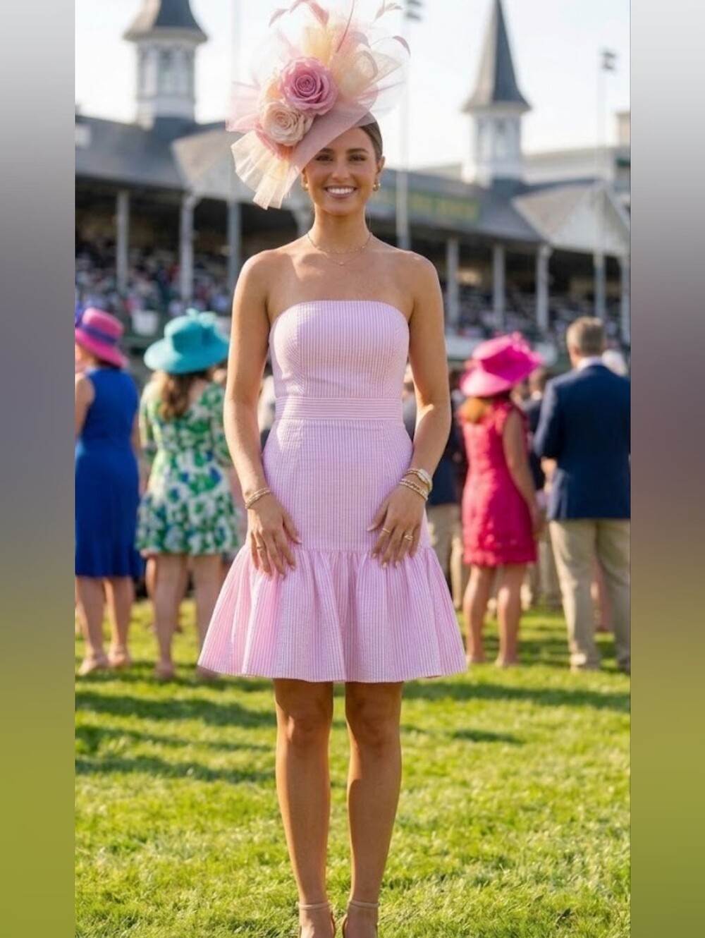 Vineyard Vines Kentucky Derby Strapless Pink Seersucker Ruffle-Hem Dress